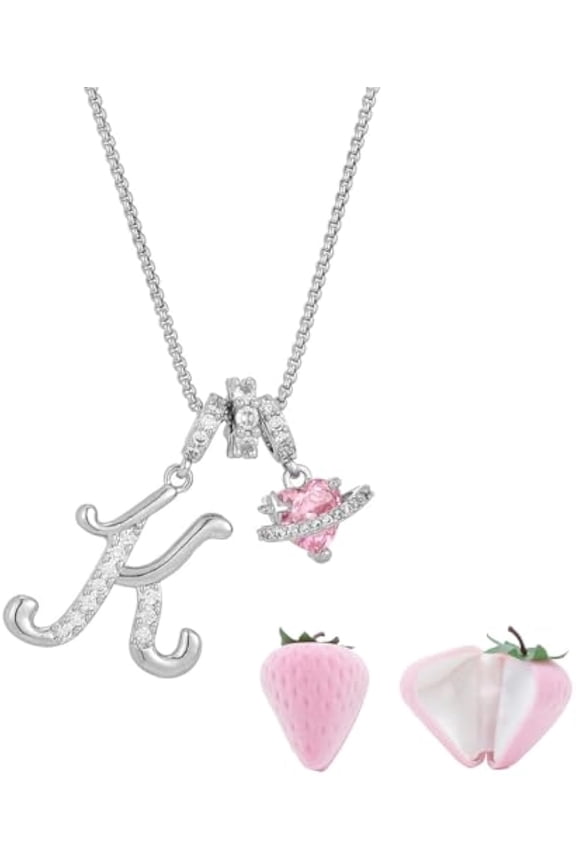 Initial Letter Necklace with Pink Heart Charm, Sparkling Zircon Alphabet Pendant in Gold or Silver Tone, Sweet Style Jewelry with Gift Box, Letter Chain for Daily Wear and Gift (Silver, K)