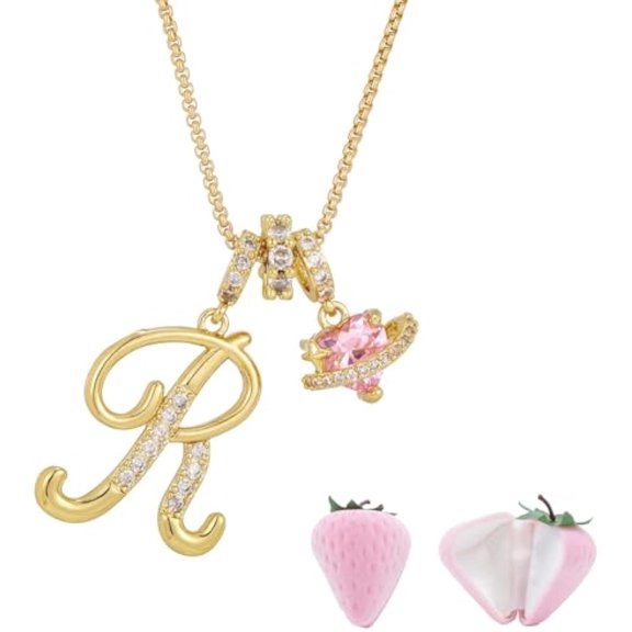 Initial Letter Necklace with Pink Heart Charm, Sparkling Zircon Alphabet Pendant in Gold or Silver Tone, Sweet Style Jewelry with Gift Box, Letter Chain for Daily Wear and Gift (Gold, R)