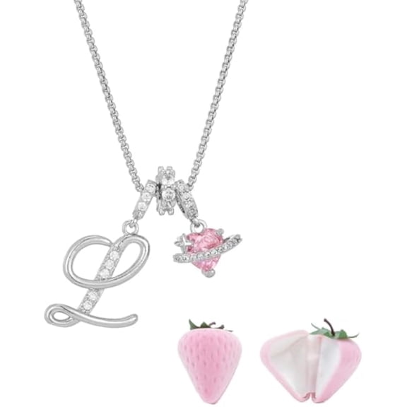 Initial Letter Necklace with Pink Heart Charm, Sparkling Zircon Alphabet Pendant in Gold or Silver Tone, Sweet Style Jewelry with Gift Box, Letter Chain for Daily Wear and Gift (Silver, L)