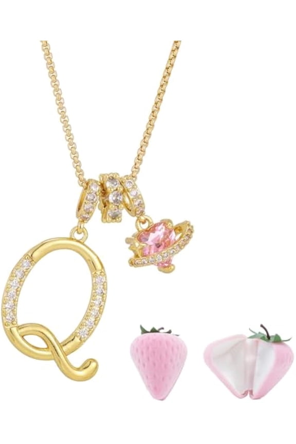 Initial Letter Necklace with Pink Heart Charm, Sparkling Zircon Alphabet Pendant in Gold or Silver Tone, Sweet Style Jewelry with Gift Box, Letter Chain for Daily Wear and Gift (Gold, Q)
