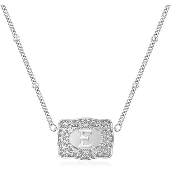 Initial Letter Necklace for Women Embossed Belt Buckle Necklace Sliver Personalized Pendant Necklace Western Jewelry Gift for Women