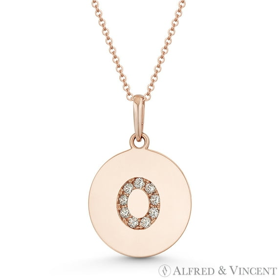 Initial Letter "O" Cubic Zirconia Crystal Round Disc Pendant in Solid 14k Rose Gold