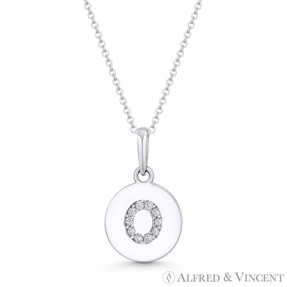 Initial Letter "O" Cubic Zirconia Crystal Round Disc Pendant in Solid 14k White Gold