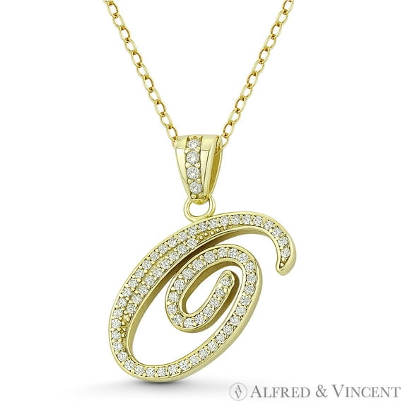 Initial Letter "O" Cursive Script Cubic Zirconia CZ Crystal Pendant in .925 Sterling Silver w/ 14k Yellow Gold