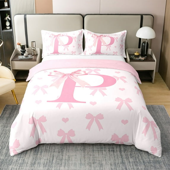 Initial Letter P 100% Cotton Duvet Cover(No Comforter),Princess Style Pink Bowknot Girly Romantic Bedding Set with 2 Pillowcases,Dreamy Bow Love Hearts Kawaii Pink Quilt Cover,King Size