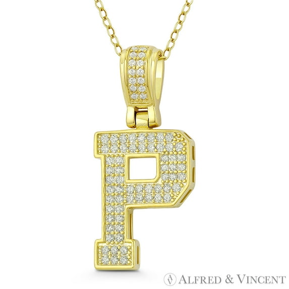 Initial Letter "P" Block Script Cubic Zirconia CZ Crystal Pendant in .925 Sterling Silver w/ 14k Yellow Gold