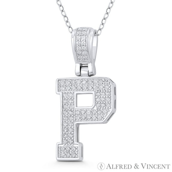 Initial Letter "P" Block Script Cubic Zirconia CZ Crystal Pendant in .925 Sterling Silver w/ Rhodium