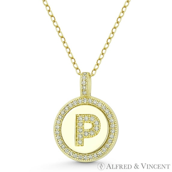 Initial Letter "P" Cubic Zirconia CZ Crystal Pave Pendant in .925 Sterling Silver w/ 14k Yellow Gold