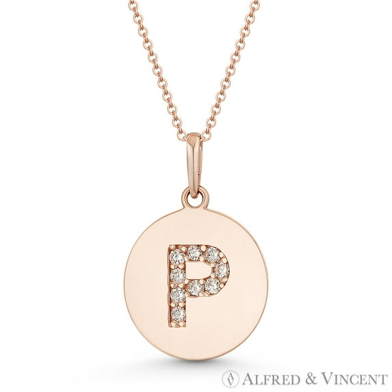 Initial Letter "P" Cubic Zirconia Crystal Round Disc Pendant in Solid 14k Rose Gold