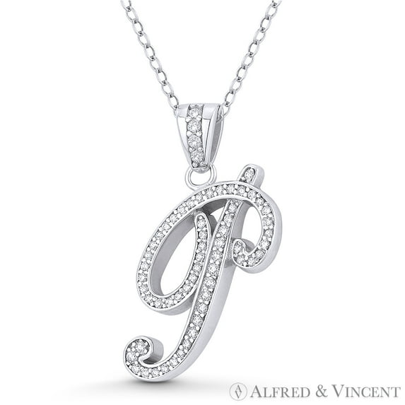 Initial Letter "P" Cursive Script Cubic Zirconia CZ Crystal Pendant in .925 Sterling Silver w/ Rhodium