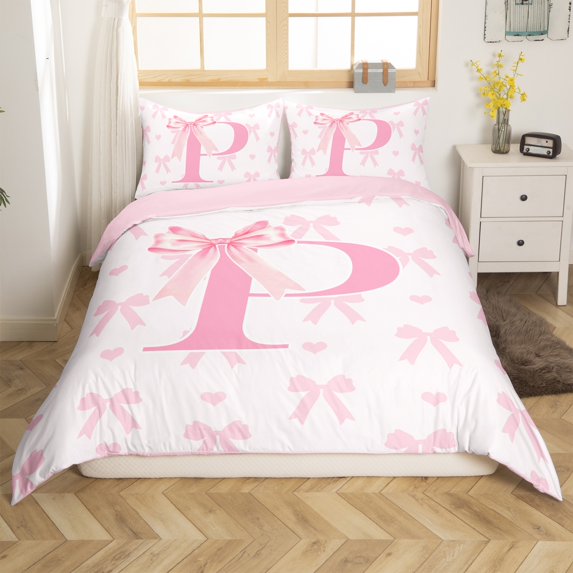 Initial Letter P Duvet Cover Set Queen Size,Princess Style Pink Bowknot Girly Romantic Bedding Set,Young Teens Room Decor,Dreamy Bow Love Hearts Kawaii Pink Quilt Cover,No Comforter