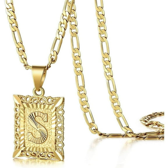 Initial Letter Pendant Necklace for Men Womens, 18K Gold Plated Square Capital Monogram Necklace Alhpabets from A-Z Figaro Chain Necklace