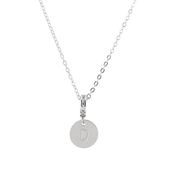 Initial Letter Pendant and Charm (Cubic Zirconia) Necklace (16"+ 2" extension), Silver (Rhodium Plated) Disk Engraved with Letter
