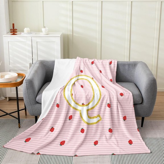 Initial Letter Plush Throw Blanket Strawberry Flannel Blanket Gray Pink Striped All Season Monogram Alphabet for Couch Bed Sofa Bedroom Decor 30" x 40"
