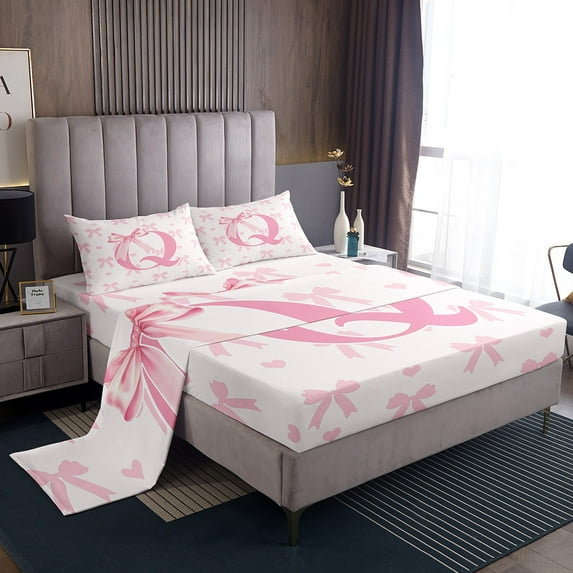 Initial Letter Q Chic Fitted Sheet Set with 2 Pillowcases,Dreamy Bow Love Hearts Kawaii Pink Bed Sheet Teens,Princess Style Pink Bowknot Girly Romantic Top Flat Sheet,Queen Size