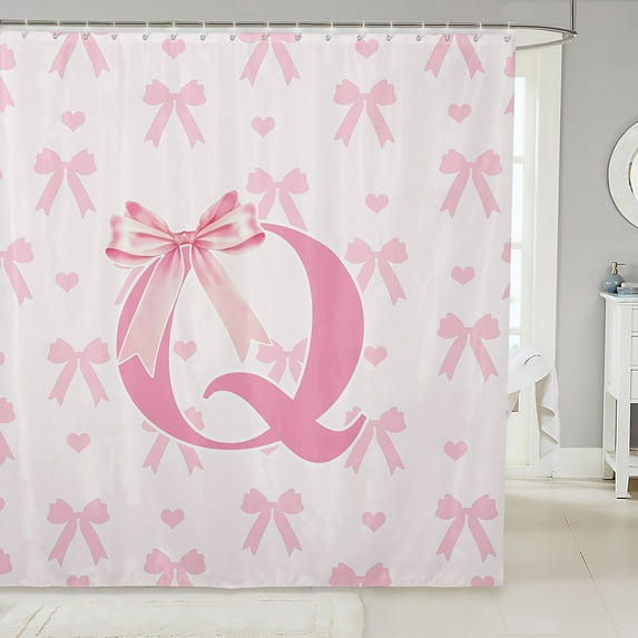 Initial Letter Q Chic Shower Curtain,Dreamy Bow Love Hearts Kawaii Pink Bath Curtain,Princess Style Pink Bowknot Girly Romantic Bathroom Accessories Waterproof Panel,72x 84 Inches