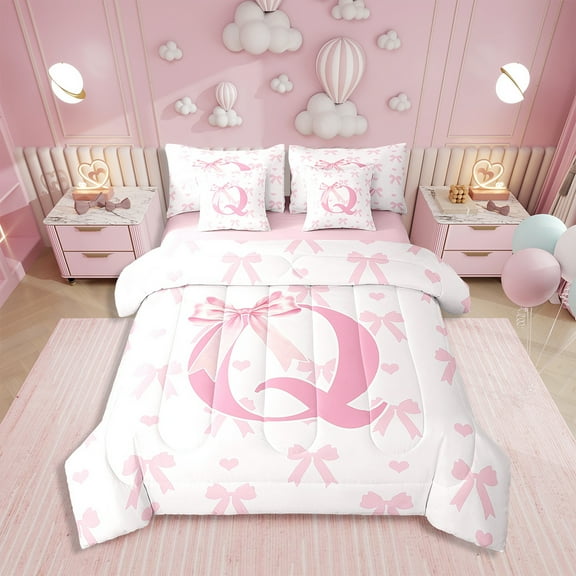 Initial Letter Q Chic Twin Bedding Set 7 Pieces,Dreamy Bow Love Hearts Pink Comforter Set with Sheets ,Princess Style Pink Bowknot Girly Romantic Bed Set in a Bag with Pillow Covers