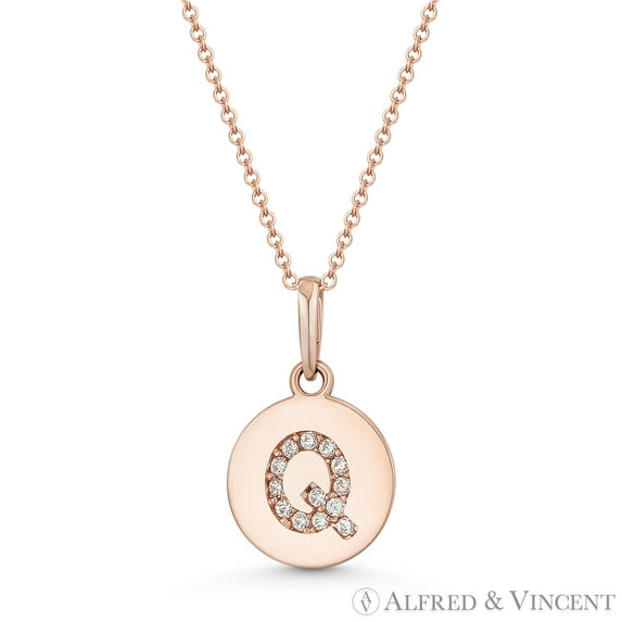 Initial Letter "Q" Cubic Zirconia Crystal Round Disc Pendant in Solid 14k Rose Gold