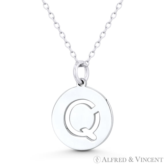 Initial Letter "Q" Cutout 20x15mm (0.8in x 0.6in) Round Disc Pendant in .925 Sterling Silver
