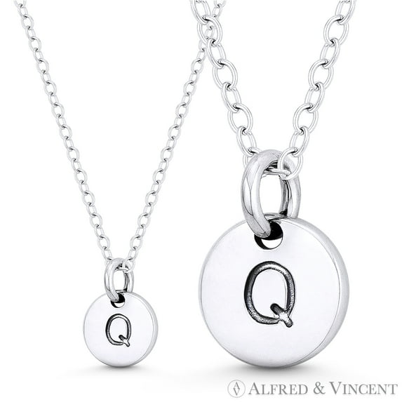 Initial Letter "Q" Engraved Tiny 11x8mm (0.4"x0.3") Circle Pendant & Chain Necklace in .925 Sterling Silver