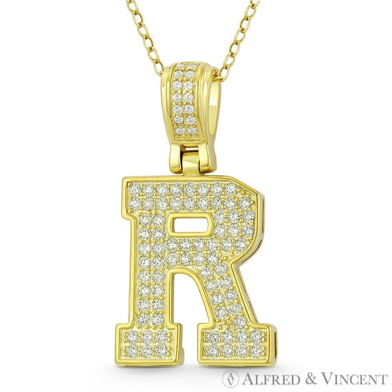 Initial Letter "R" Block Script Cubic Zirconia CZ Crystal Pendant in .925 Sterling Silver w/ 14k Yellow Gold