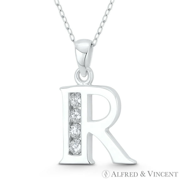 Initial Letter "R" Cubic Zirconia CZ Crystal Charm 25x17mm (1in x 0.7in) Pendant & Chain Necklace in .925 Sterling Silver