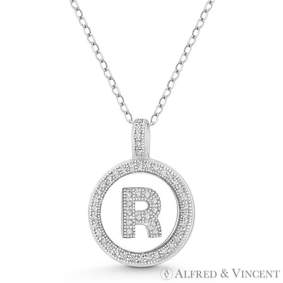 Initial Letter "R" Cubic Zirconia CZ Crystal Pave Pendant in .925 Sterling Silver w/ Rhodium