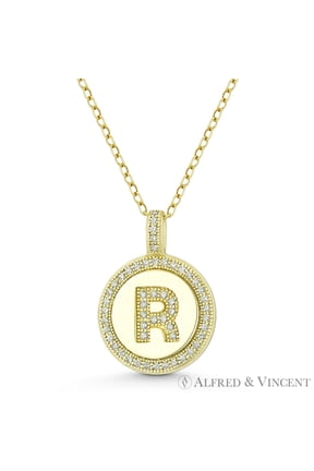 Initial Letter "R" Cubic Zirconia CZ Crystal Pave Pendant in .925 Sterling Silver w/ 14k Yellow Gold