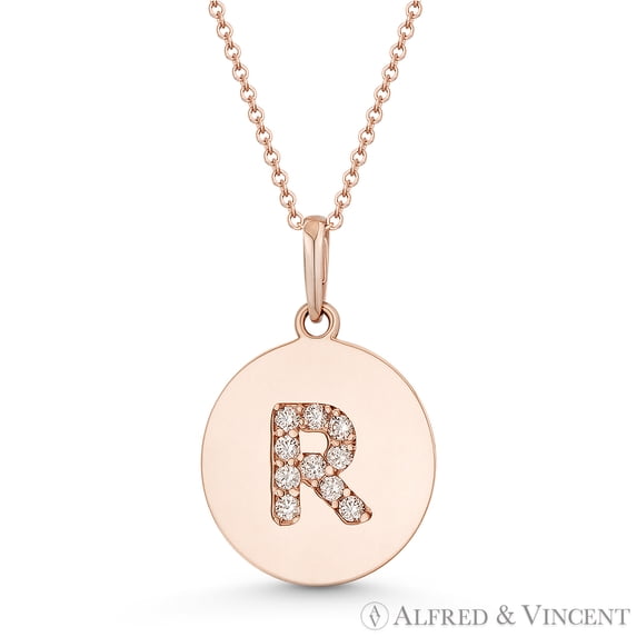 Initial Letter "R" Cubic Zirconia Crystal Round Disc Pendant in Solid 14k Rose Gold