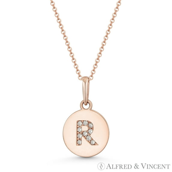 Initial Letter "R" Cubic Zirconia Crystal Round Disc Pendant in Solid 14k Rose Gold