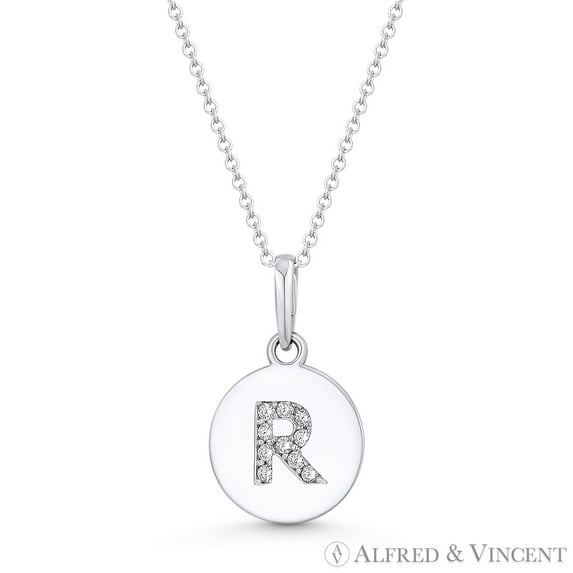 Initial Letter "R" Cubic Zirconia Crystal Round Disc Pendant in Solid 14k White Gold