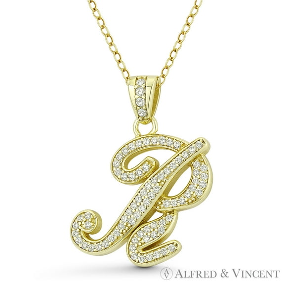 Initial Letter "R" Cursive Script Cubic Zirconia CZ Crystal Pendant in .925 Sterling Silver w/ 14k Yellow Gold