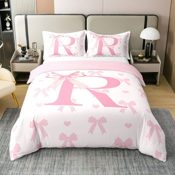 Initial Letter R Duvet Cover 100% Cotton Twin Size,Princess Style Pink Bowknot Girly Romantic Bedding Set Teens,Dreamy Bow Love Hearts Kawaii Pink Comforter Cover(No Filler),2Pcs