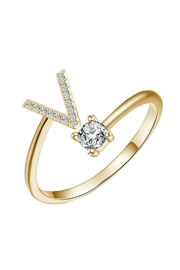 Initial Letter Ring Alphabet Ring A-Z Silver Crystal Open Adjustable Personalized Initial Ring for Women