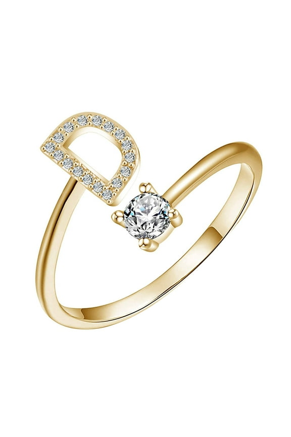Initial Letter Ring Alphabet Ring A-Z Silver Crystal Open Adjustable Personalized Initial Ring for Women