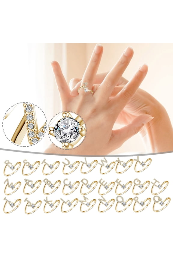Initial Letter Ring for Women, Stackable Alphabet Rings with Initial Adjustable Crystal Inlaid Initial Rings