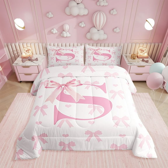 Initial Letter S Comforter Set,Dreamy Bow Love Hearts Kawaii Pink Bedding Set Teens Bedroom,Princess Style Pink Bowknot Girly Romantic Quilt Set 2 Pcs with 1 Pillowcase,Twin
