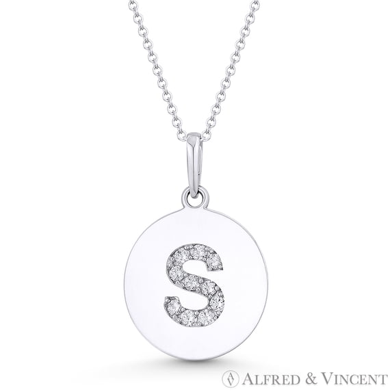Initial Letter "S" Cubic Zirconia Crystal Round Disc Pendant in Solid 14k White Gold
