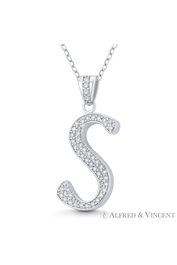 Initial Letter "S" Cursive Script Cubic Zirconia CZ Crystal Pendant in .925 Sterling Silver w/ Rhodium