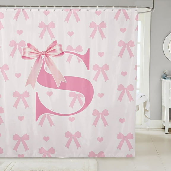 Initial Letter S Fabric Shower Curtain,Dreamy Bow Love Hearts Kawaii Pink Shower Curtain for Bathroom,Princess Style Pink Bowknot Girly Romantic Waterproof Shower Curtain,72 Inch Long