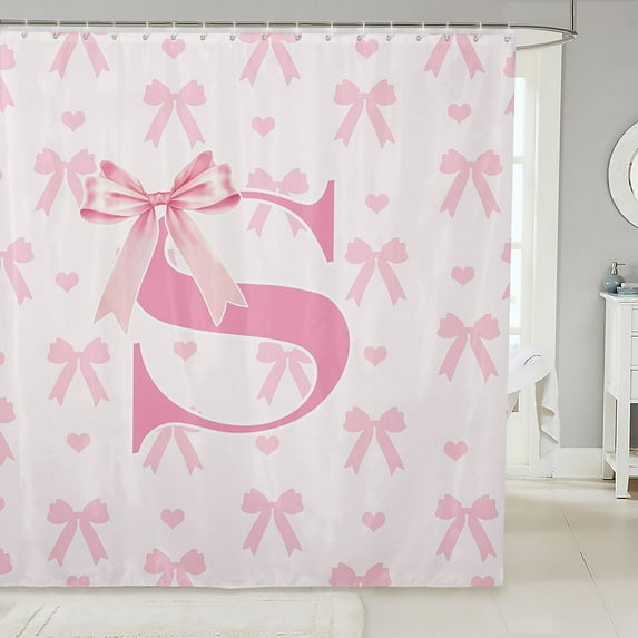 Initial Letter S Fabric Shower Curtain,Dreamy Bow Love Hearts Kawaii Pink Shower Curtain for Bathroom,Princess Style Pink Bowknot Girly Romantic Waterproof Shower Curtain,72 Inch Long
