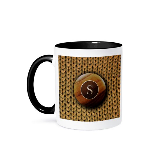 3drose, Initial Letter S- Image of Hand Knitting with Monogram Wooden Button, 15oz Two-tone Black Mug