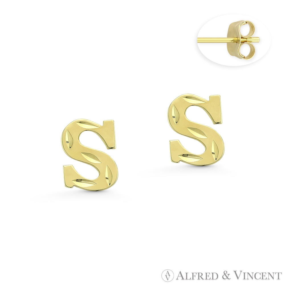 Initial Letter S Stud Earrings with Push Back Posts in 14k Yellow Gold
