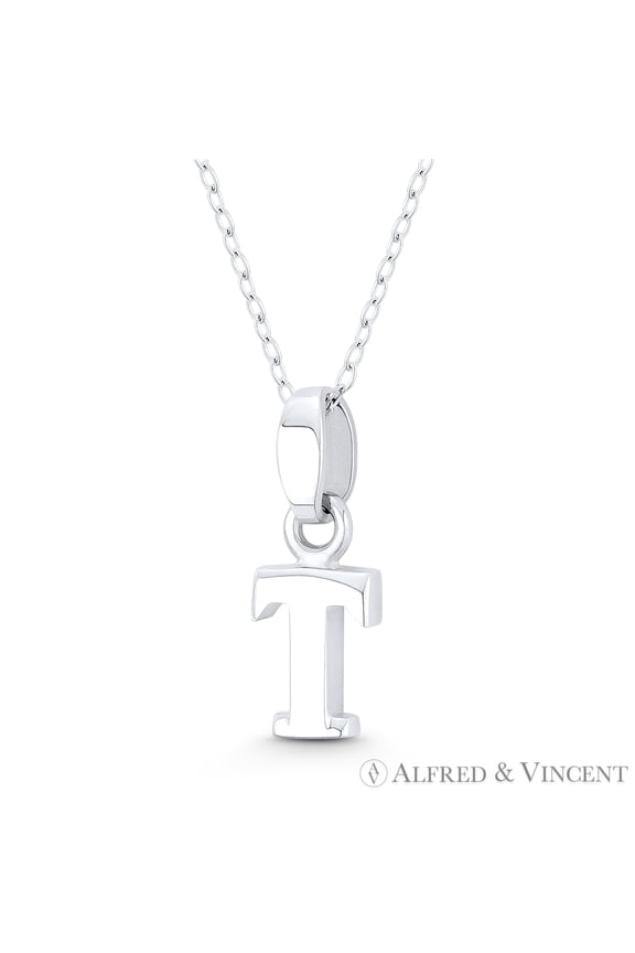 Initial Letter "T" 20x7x3mm (0.8in x 0.28in x 0.12in) Charm 3D Pendant & Chain Necklace in .925 Sterling Silver