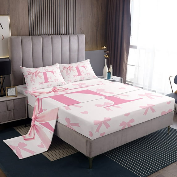 Initial Letter T Bed Sheet Set ,Princess Style Pink Bowknot Girly Romantic Sheets Set,Dreamy Bow Love Hearts Kawaii Pink Sheet Sets with Deep Pocket,Top Flat Sheet,Twin Size