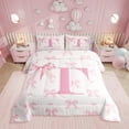 thumbnail image 1 of Initial Letter T Comforter Set,Princess Style Pink Bowknot Girly Romantic Bedding Set All Season,Dreamy Bow Love Hearts Kawaii Pink Comforter 2 Pcs with 1 Pillowcase,, 1 of 6