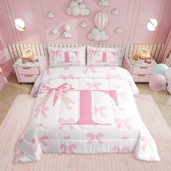 Initial Letter T Comforter Set,Princess Style Pink Bowknot Girly Romantic Bedding Set All Season,Dreamy Bow Love Hearts Kawaii Pink Comforter 2 Pcs with 1 Pillowcase,