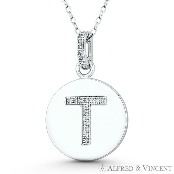Initial Letter "T" Cubic Zirconia CZ Crystal 28x18mm (1.1"x0.7") Circle Pendant & Chain Necklace in .925 Sterling Silver w/ Rhodium