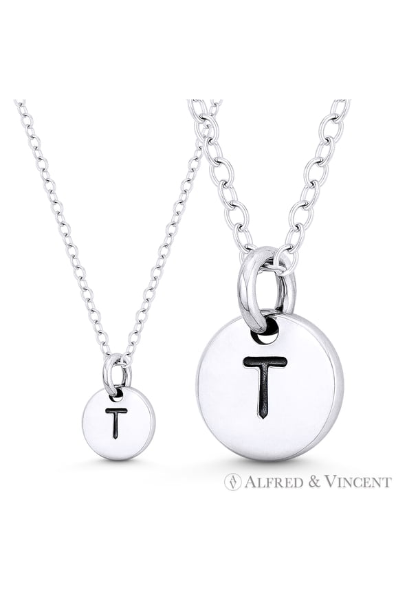 Initial Letter "T" Engraved Tiny 11x8mm (0.4"x0.3") Circle Pendant in .925 Sterling Silver