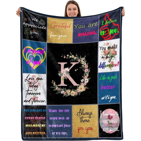 Initial Letter Throw Blanket 50"x60" Flannel Plush Monogram Monogrammed Blanket for Bed Couch Sofa Chair for Her Girls Women Aesthetic Cute Flower Floral Soft Warm Birthday (Letter-K)